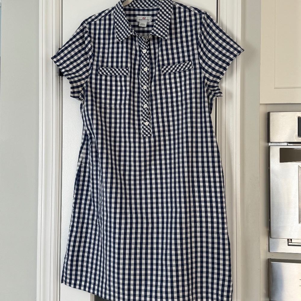 Vineyard Vines Gingham Navy & White Polo Style Shirt Dress, cotton, Size 12‎